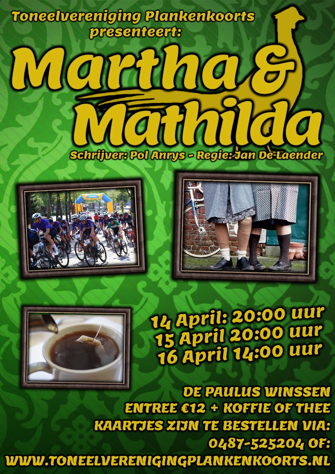 Poster van de voorstelling Marta en Mathilda. Op de poster staan foto's van thee, wielrenners en oude dames. 